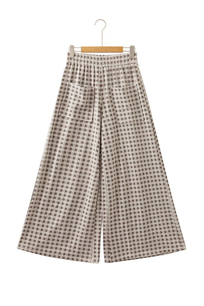 Brown Plaid Elastic Waist Patch Pocket Wide Leg Pants