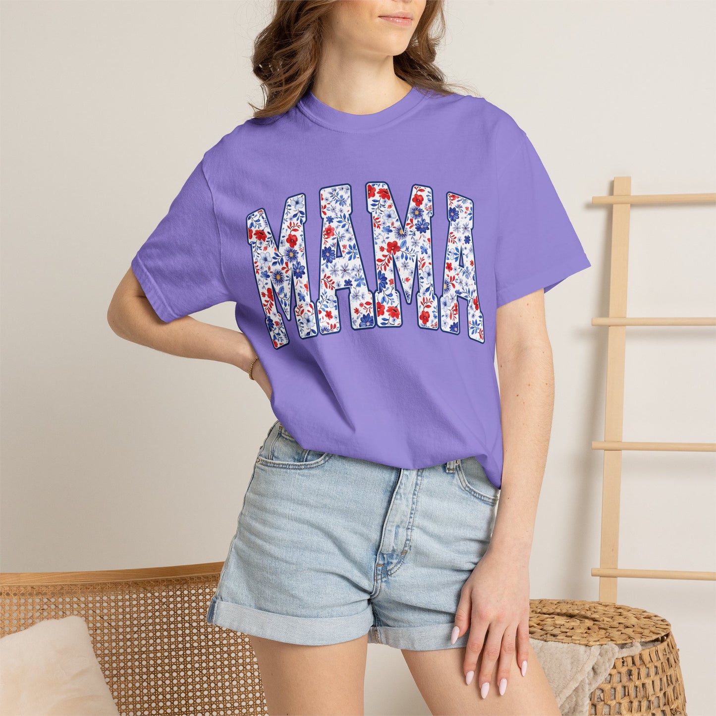Mama in blue floral T-shirt
