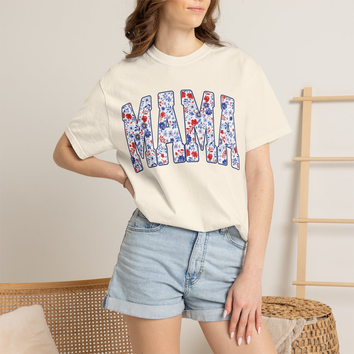 Mama in blue floral T-shirt
