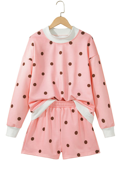 Brown Polka Dot Ribbed Trim Long Sleeve Top Casual Short Set