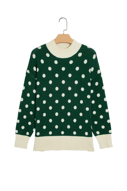 Red Polka Dot Pattern Ribbed Colorblock Trim Split Tunic Sweater