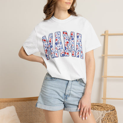 Mama in blue floral T-shirt