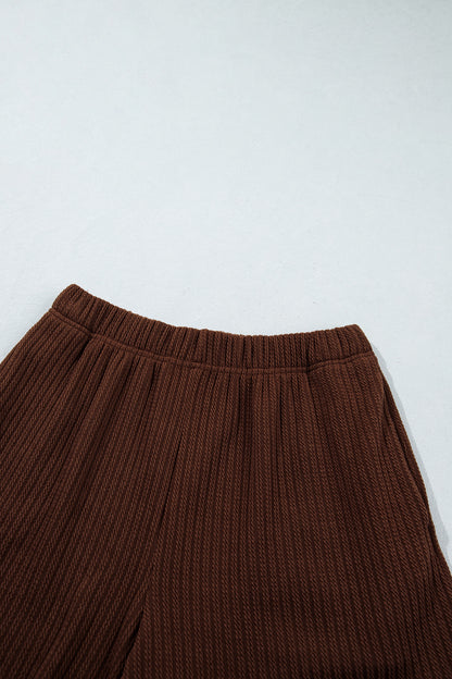 Dark Brown Textured Ribbed Knit Lettuce Trim 2pcs Lounge Set