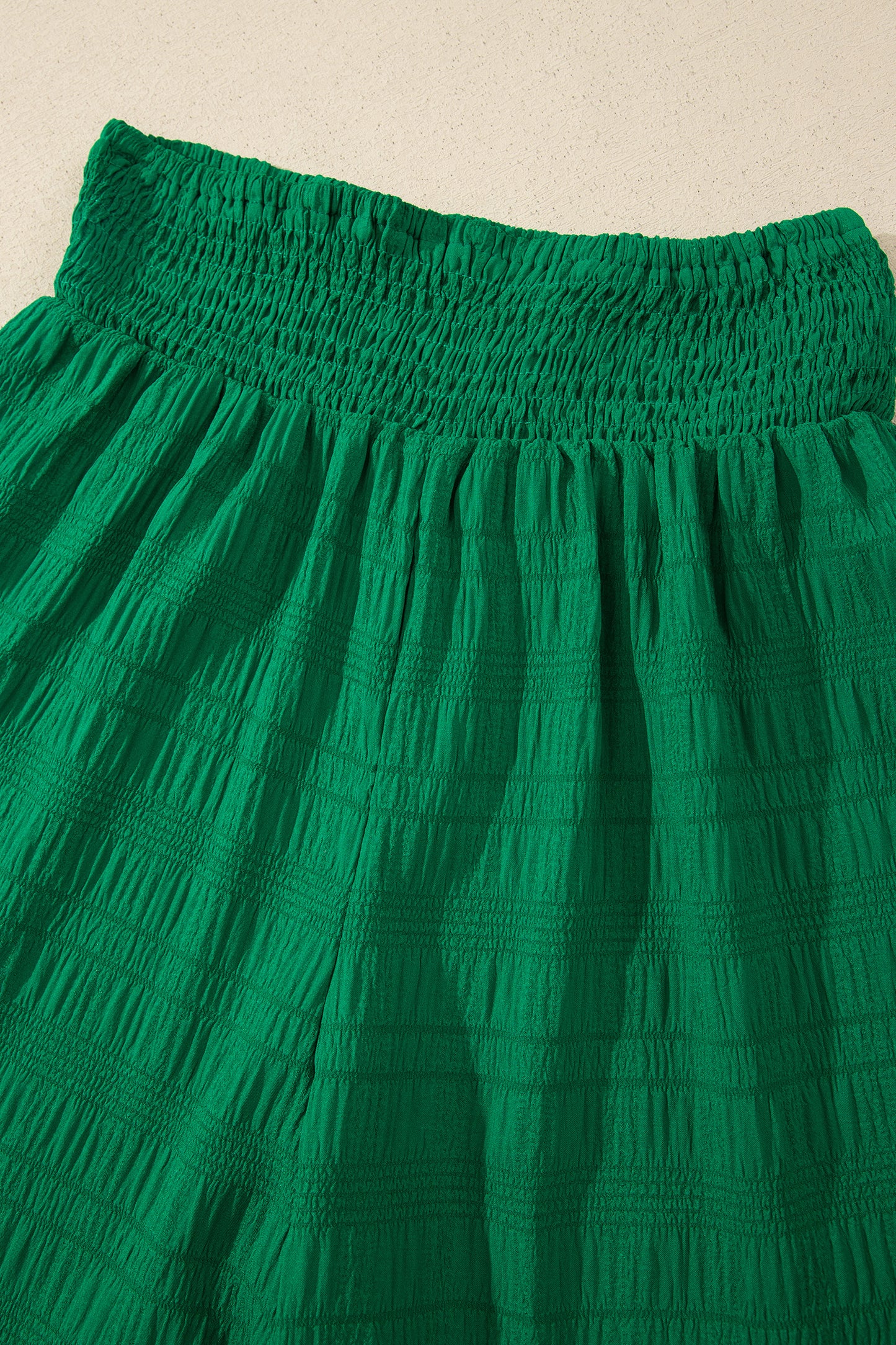 Dark Green Textured Square Neck Top and Shirred High Waist Shorts Set