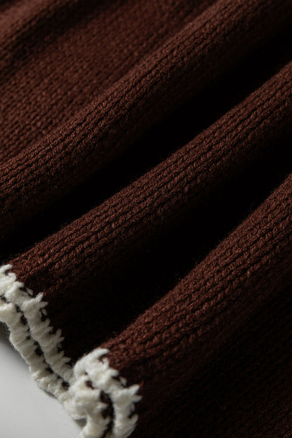 Dark Khaki Contrast Trim Mock Neck Drop Shoulder Relaxed Sweater