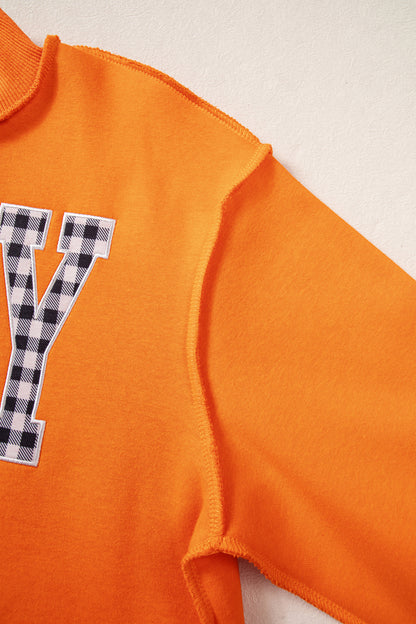 Orange PRAY Plaid Embroidered Mock Neck Sweatshirt
