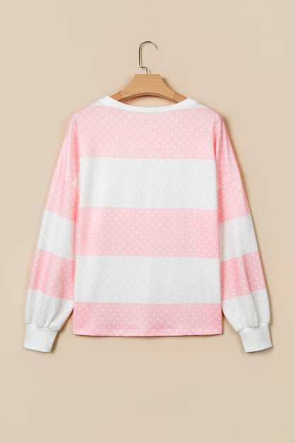 Brown Polka Dot Patchwork Colorblock Long Sleeve Top