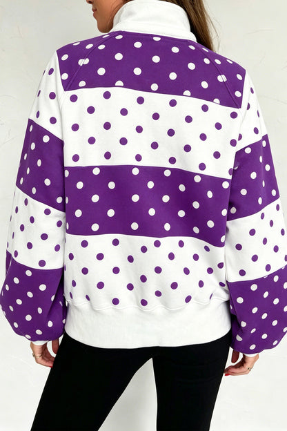 Blue Polka Dot Colorblock Half Zip Puff Sleeve Pullover Sweatshirt