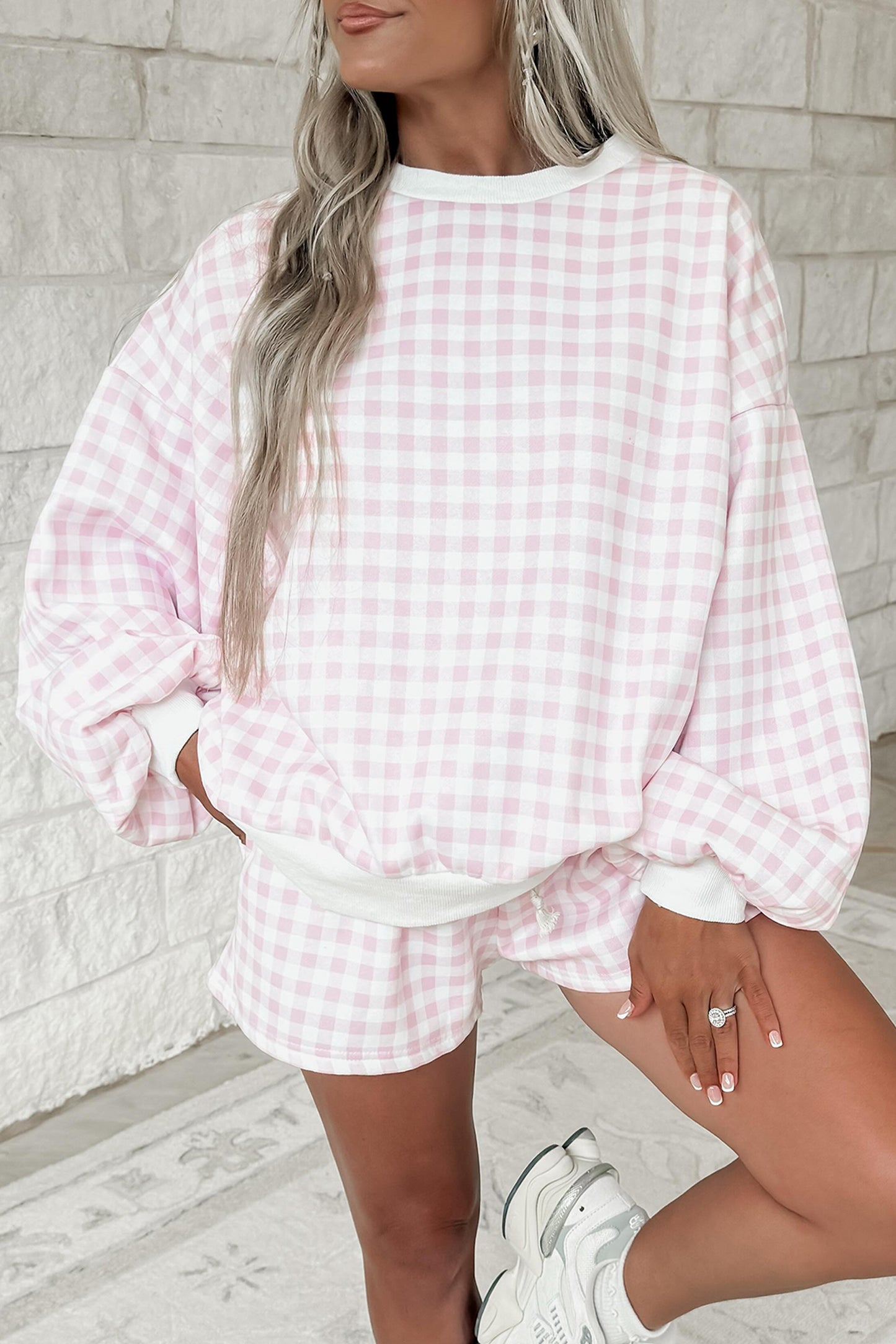 Pink Plaid Baggy Pullover Drawstring Casual Shorts 2pcs Outfit