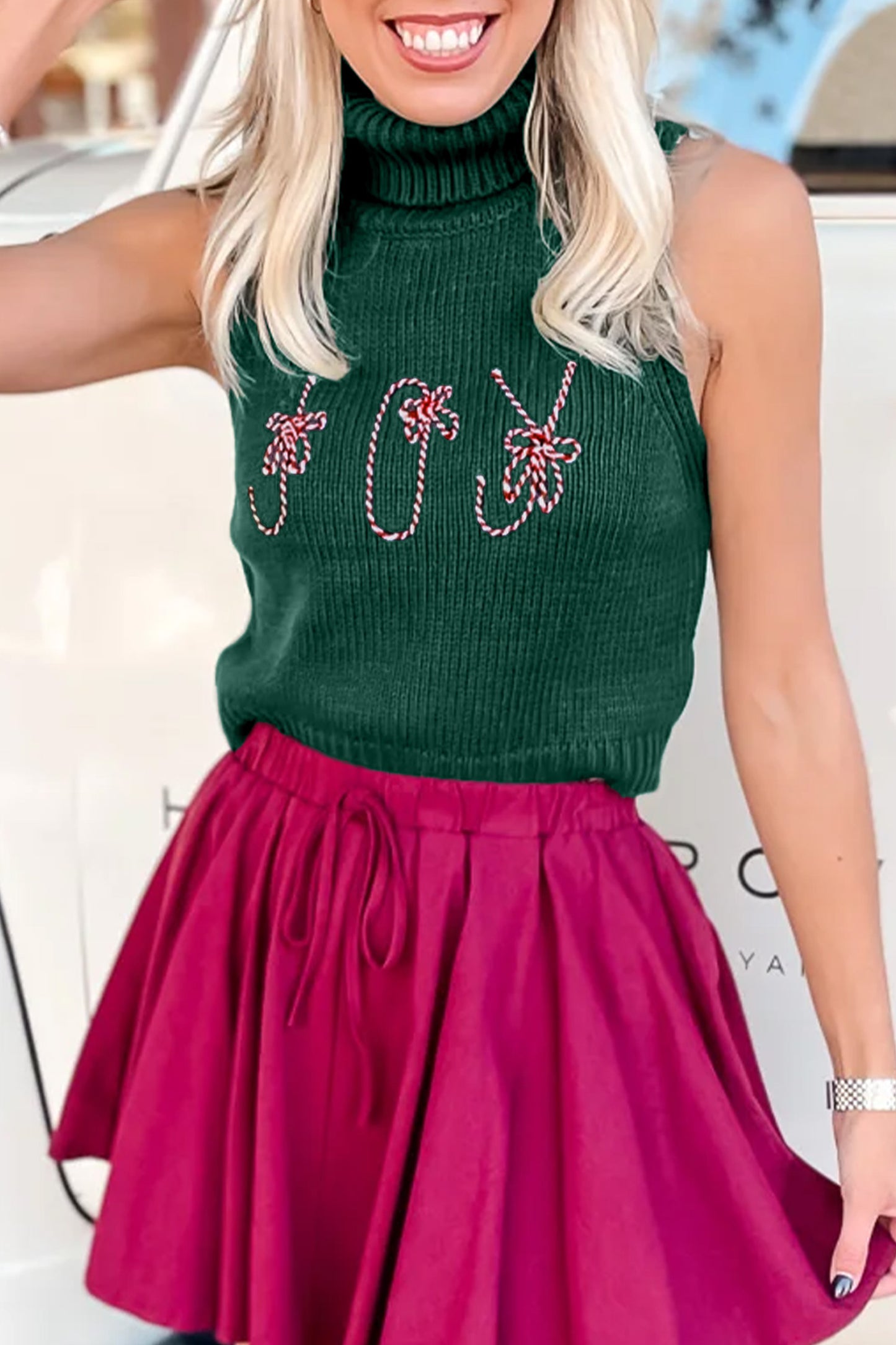 Evergreen High Neck Sleeveless Embroidered Knit Sweater Vest