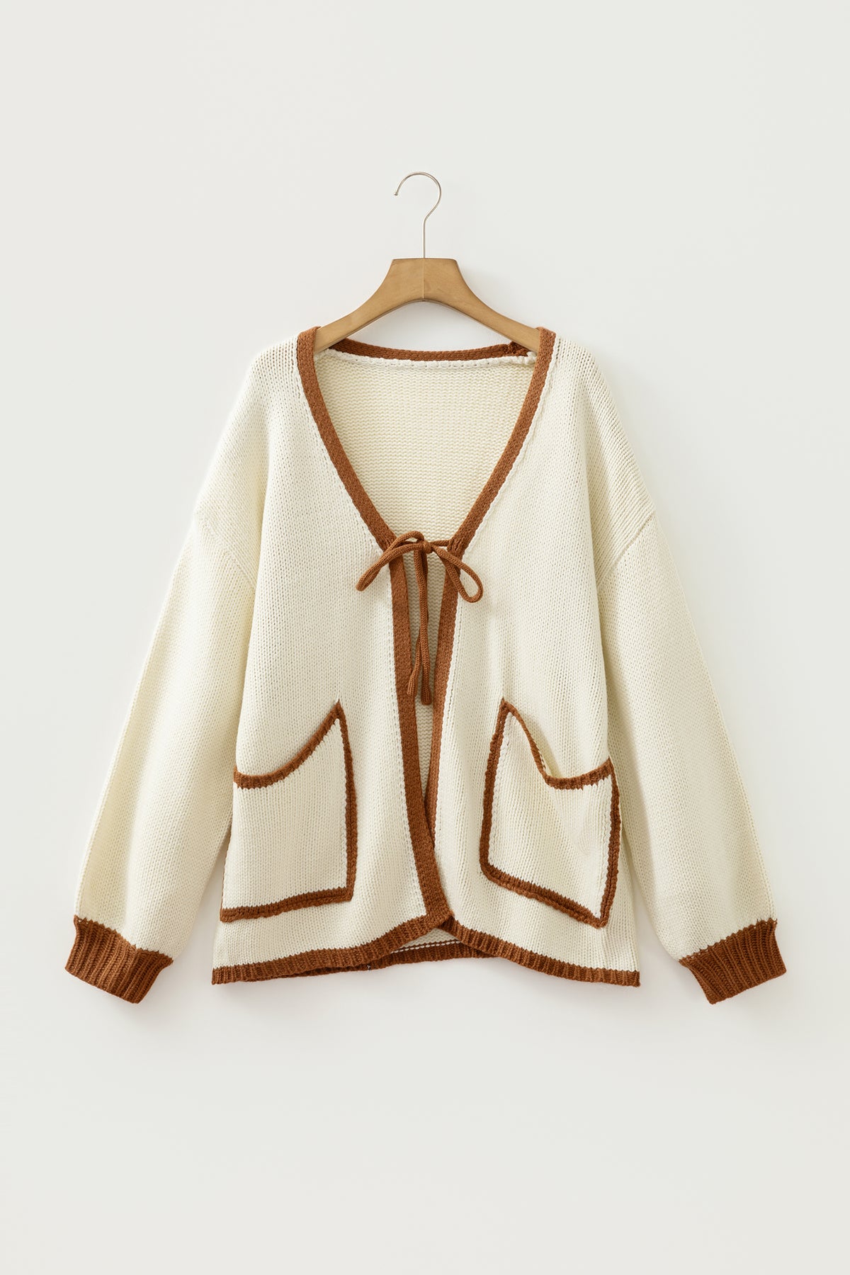 Chestnut Contrast Trim V-Neck Tie Front Loose Sweater Cardigan