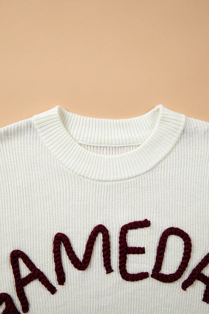 Beige Drop Shoulder Game Day Letter Print Pullover Sweater