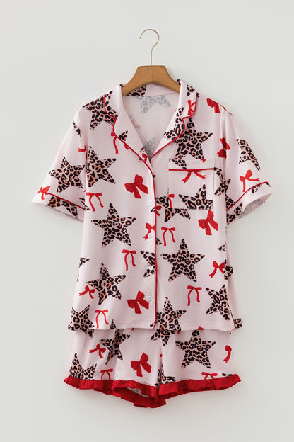 White Leopard Star Ribbon Bow Print Contrast Trim Short Pajama Set