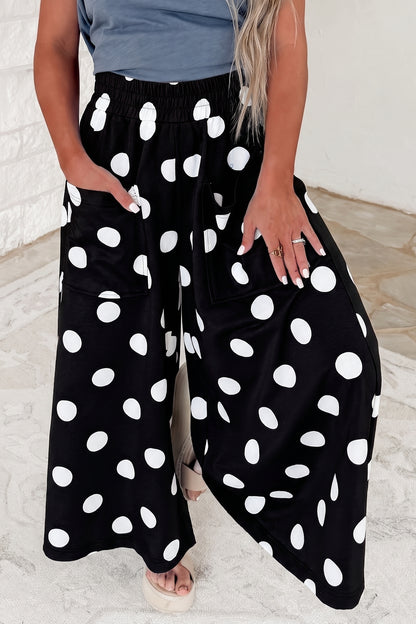 Burgundy Polka Dot Wide Leg Elastic Waist Casual Pants