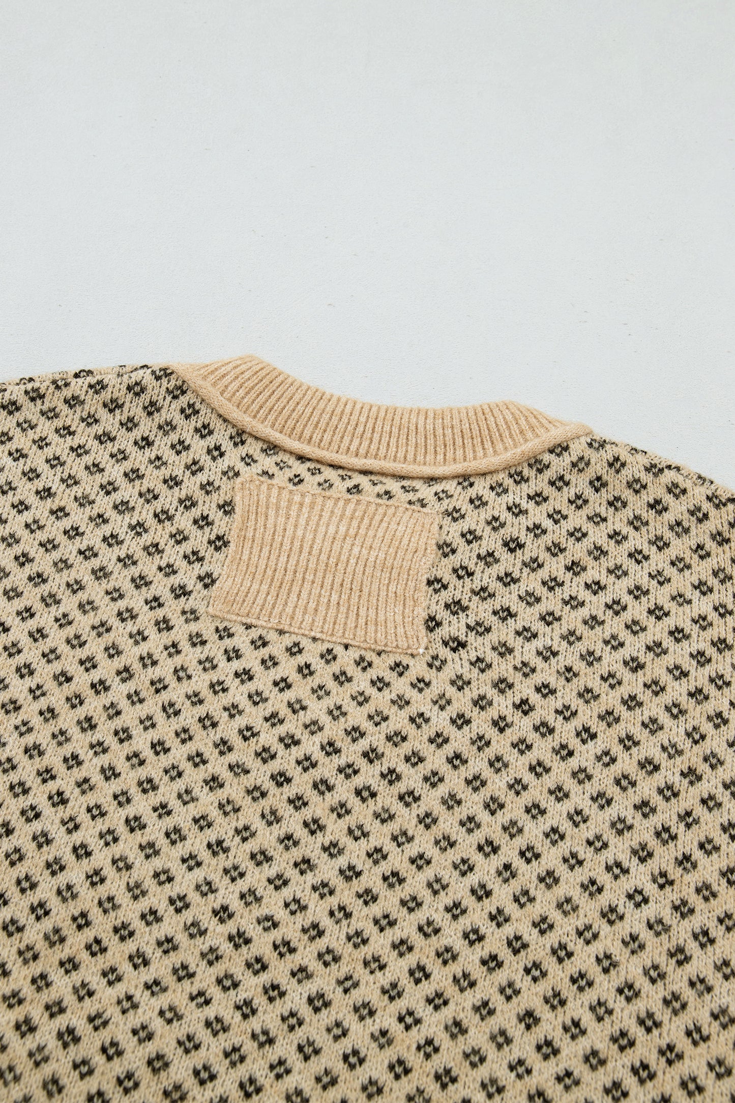 Khaki Geometric Print Drop Shoulder Round Neck Long Sleeve Sweater