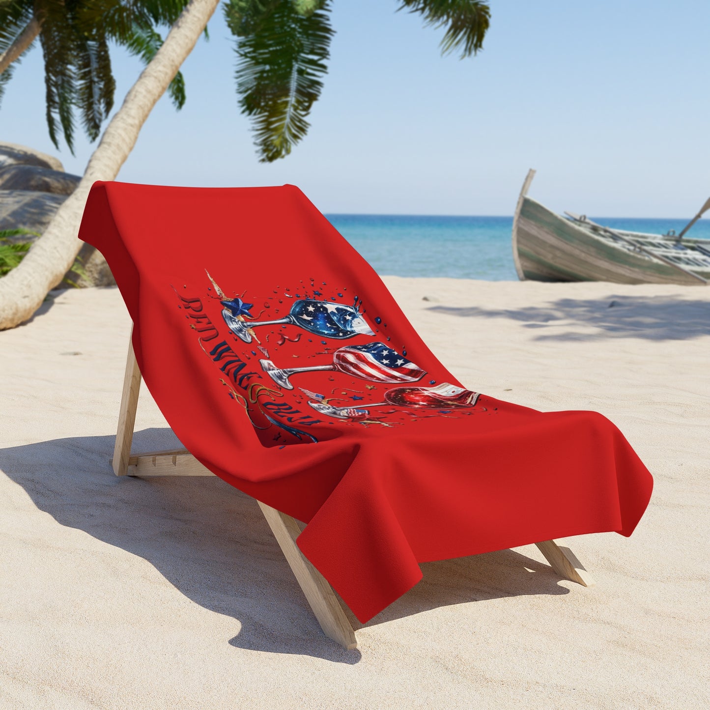 Red Wine & Blue Beach Towel — Patriotic American Flag Wine Glasses