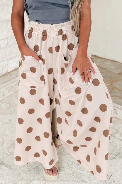 Brown Polka Dot Wide Leg Elastic Waist Casual Pants