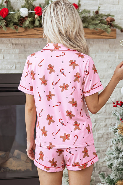 Pink Short Sleeve Placket Shell Button Elastic Waist Lounge Set