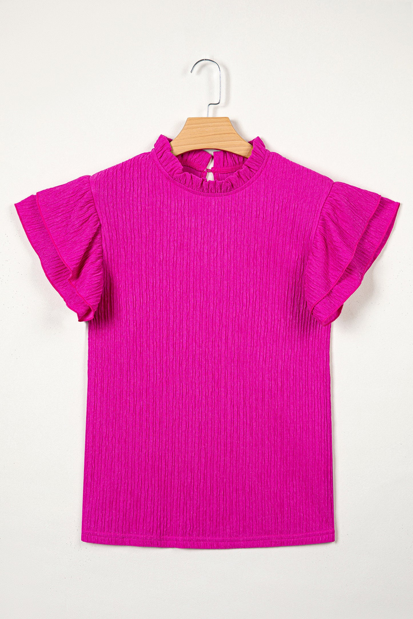 Dark Blue Solid Color Textured Ruffle Trim Short Sleeve Blouse
