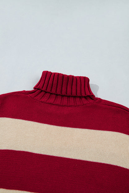 Red Stripe Ribbed Trim High Neck Relaxed Pullover Sweater