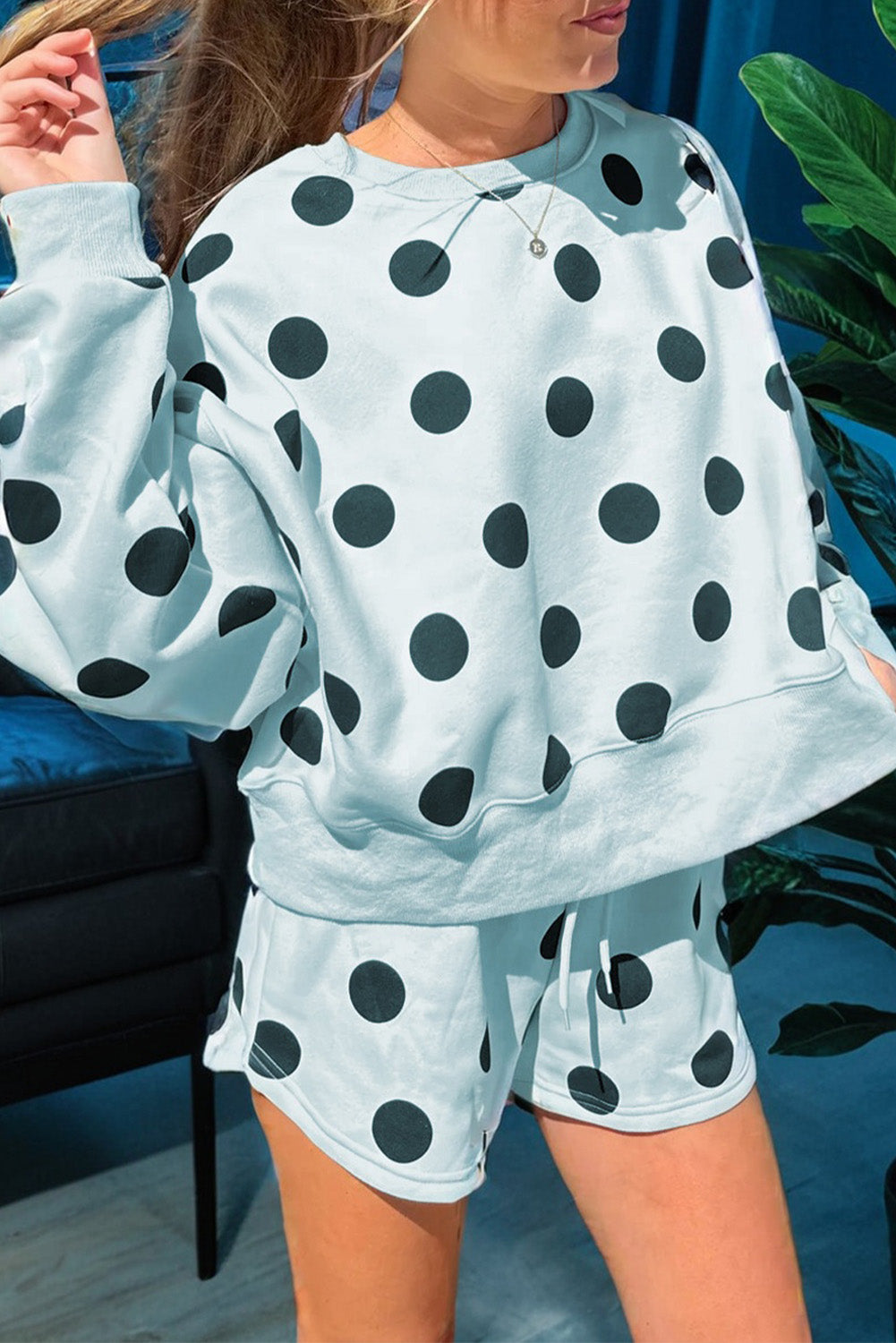Multicolour Polka Dot Print Drop Shoulder Pullover Drawstring Shorts Set