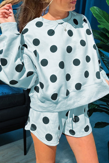Multicolour Polka Dot Print Drop Shoulder Pullover Drawstring Shorts Set