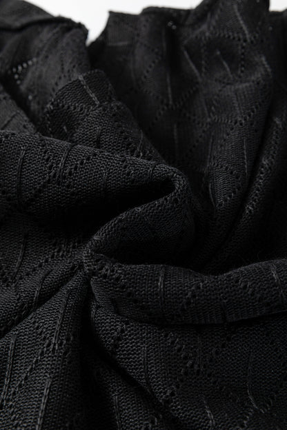 Black Pointelle Rhombus Knit Plus Size V Neck Loose Top