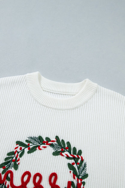 White Christmas Wreath Pattern Round Neck Casual Sweater