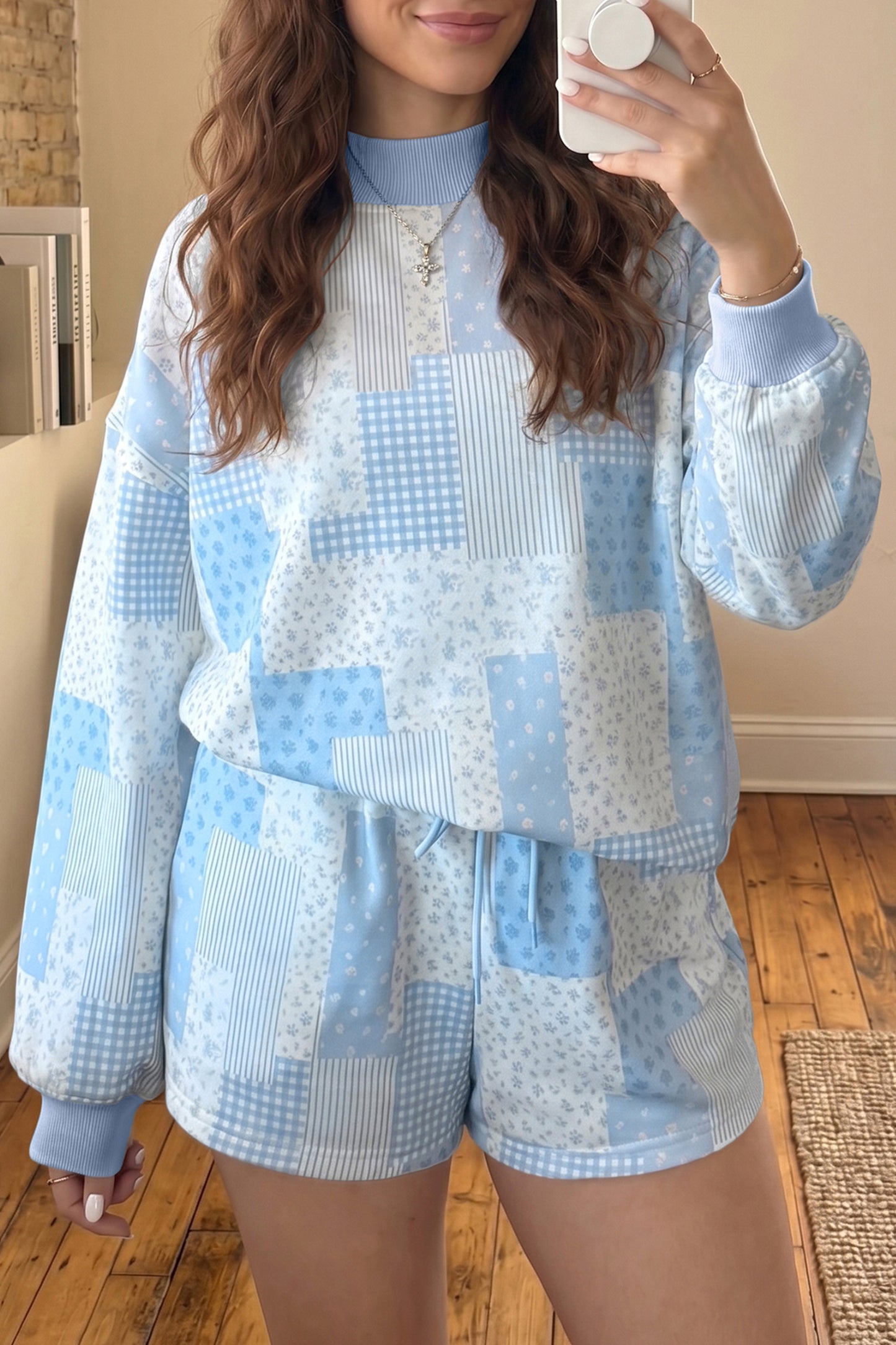 Sky Blue Patchwork Floral Print Drop Shoulder Baggy Pullover Drawstring Shorts Set