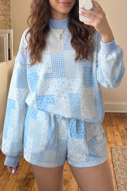 Sky Blue Patchwork Floral Print Drop Shoulder Baggy Pullover Drawstring Shorts Set