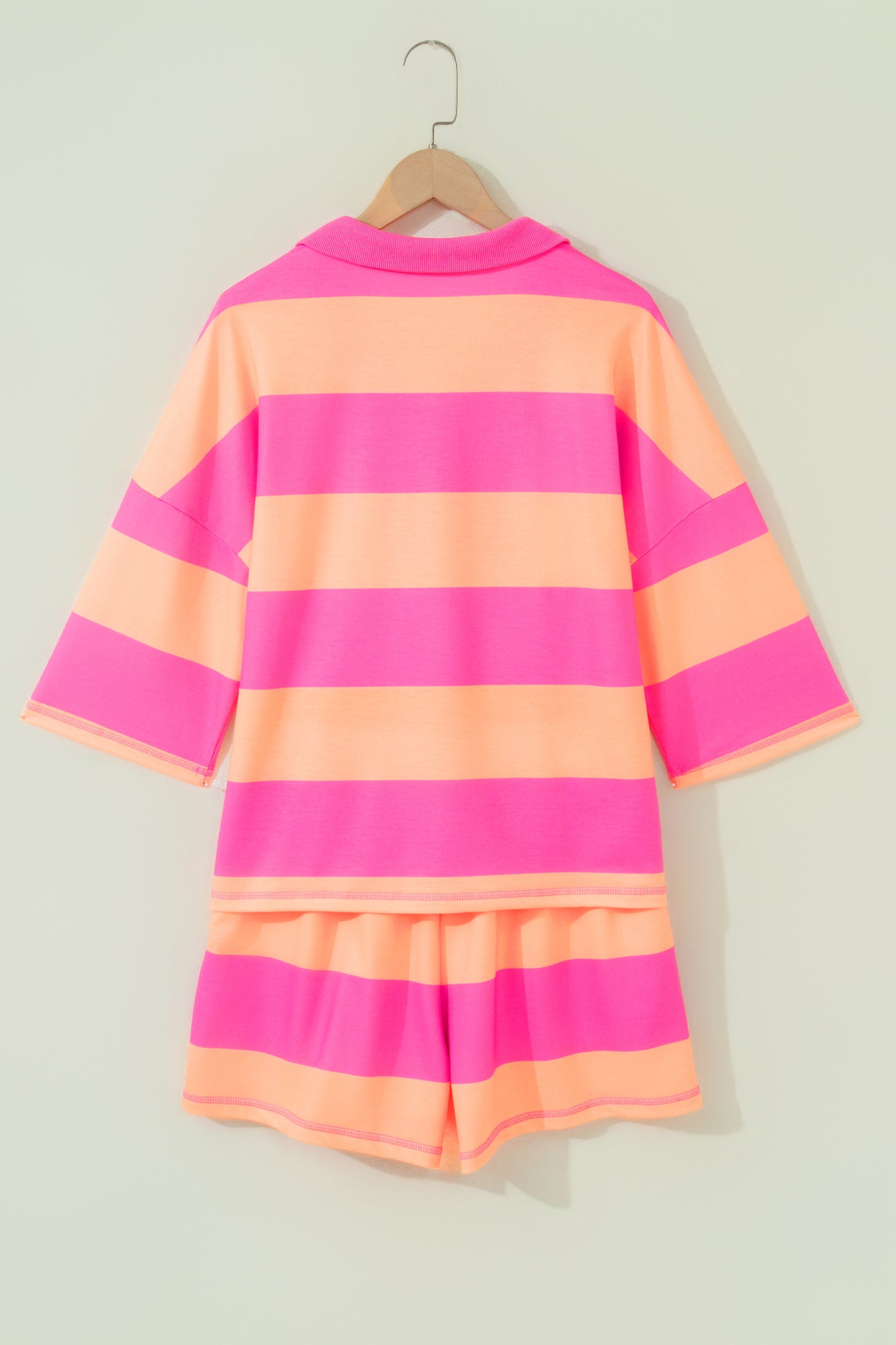 Pink Half Zipper Placket Bracelet Sleeve Top Casual Shorts Set