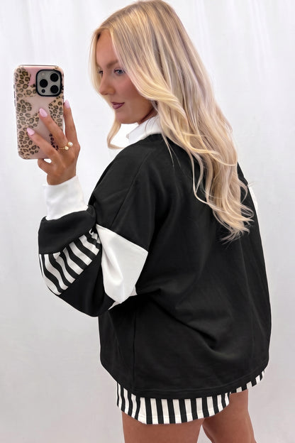 Black Striped Color Block Pullover Top Drawstring Shorts Set