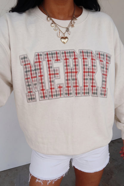 White Embroidered Plaid MERRY Sweatshirt
