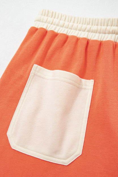 Fiery Red Raw Seam Colorblock Wide Leg Ankle Length Casual Pants
