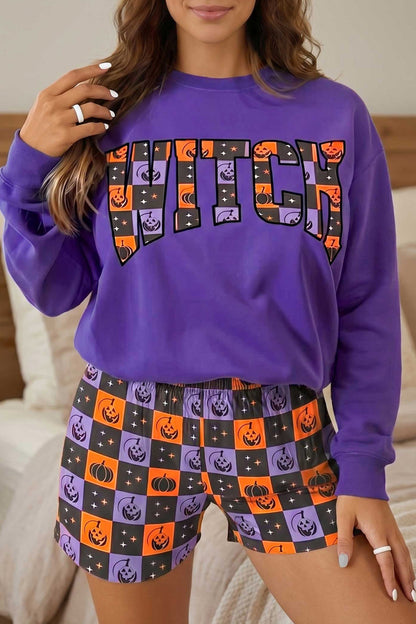 Orange Witch Letter Print Long Sleeve Top Checkered Elastic Waist Shorts Set