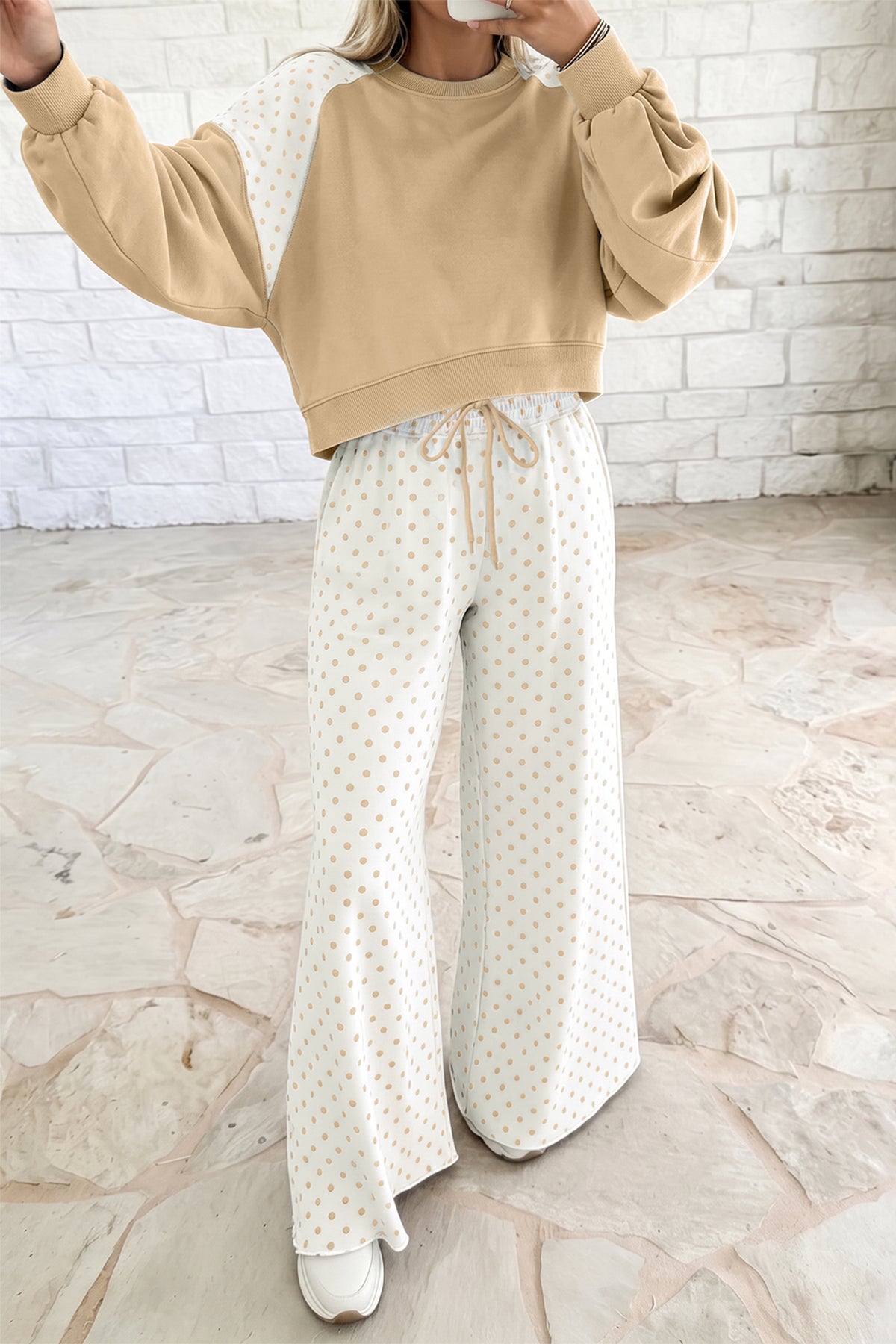 Khaki Polka Dot Patchwork Colorblock Long Sleeve Casual Two Piece Pants Set
