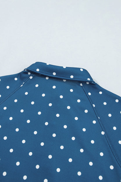 Pink Polka Dot Print Metal Button Collar Casual Pullover Sweatshirt