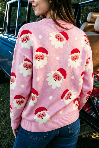 Pink Cartoon Santa Pattern Round Neck Dropped Shoulder Sweater