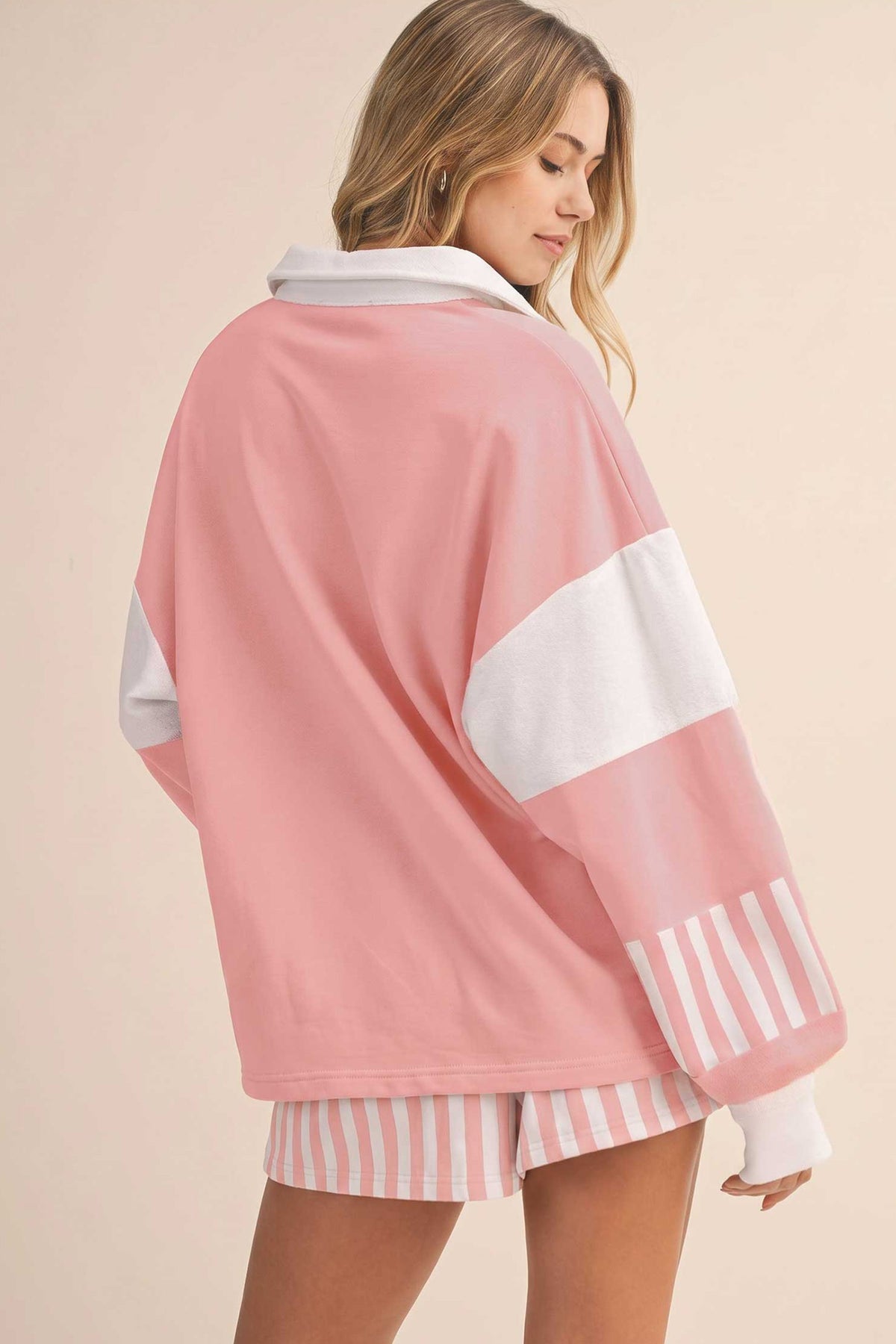 Black Striped Color Block Pullover Top Drawstring Shorts Set
