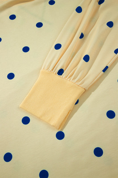 Beige Round Neck Long Sleeve Polka Dot Plus Size Top