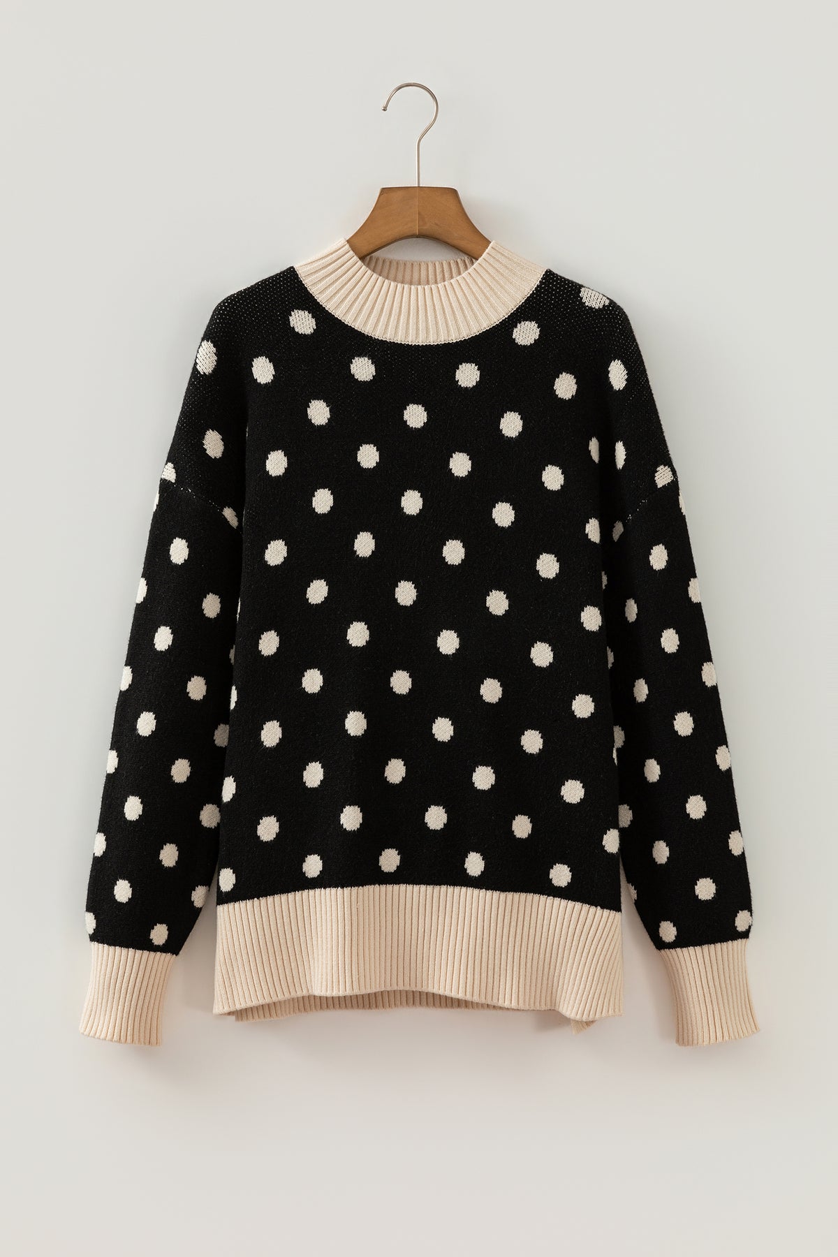 Red Polka Dot Pattern Ribbed Colorblock Trim Split Tunic Sweater