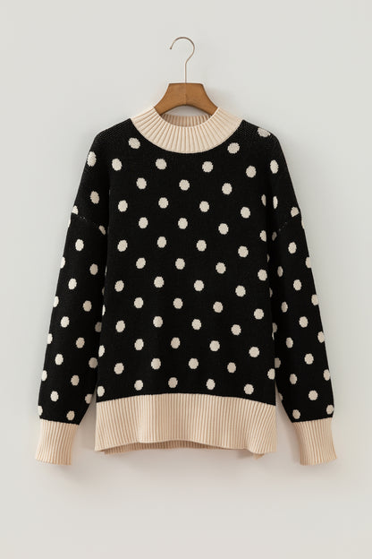 Red Polka Dot Pattern Ribbed Colorblock Trim Split Tunic Sweater