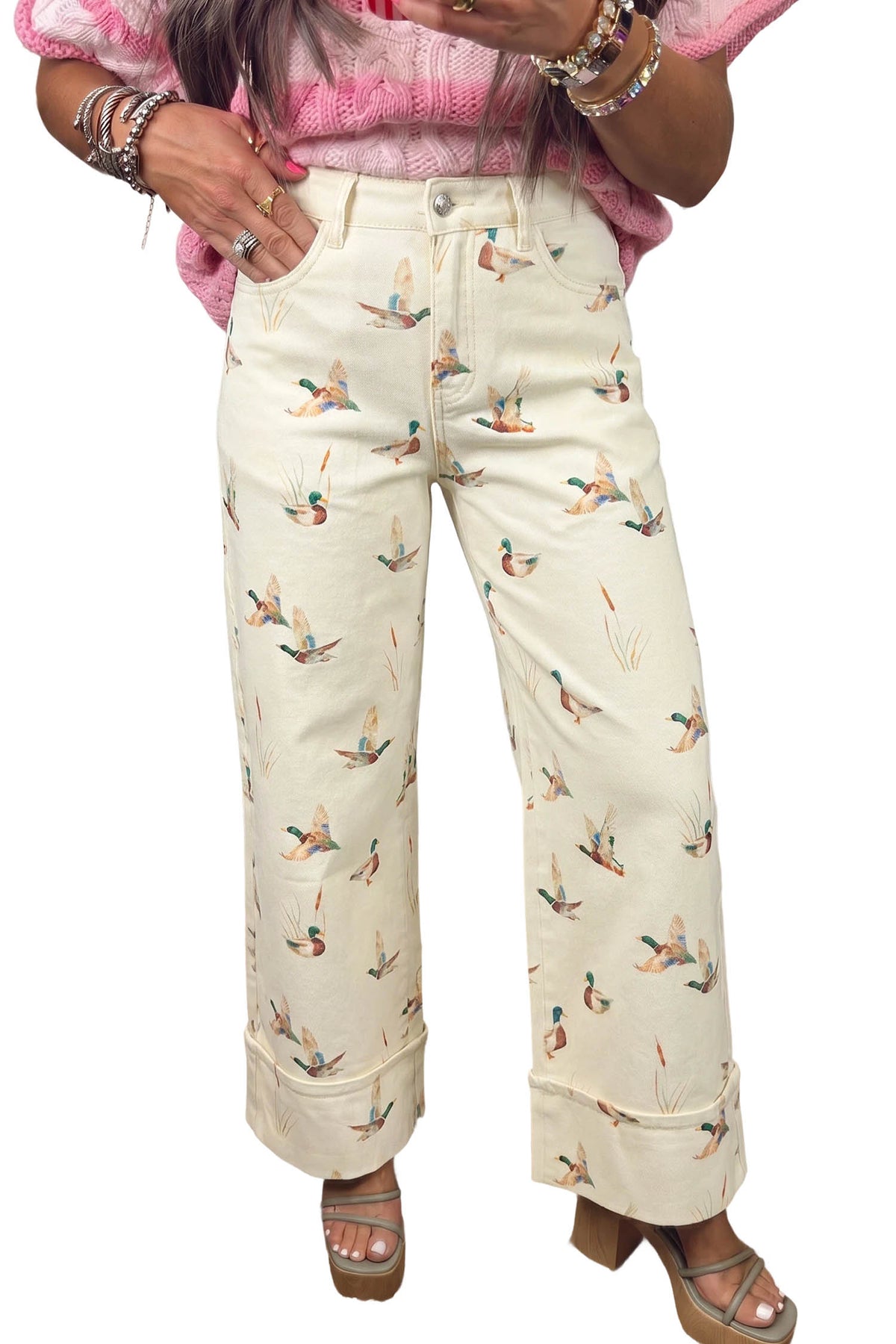 Beige Stylish Mallard Printed Cuffed Hem Shift Jeans