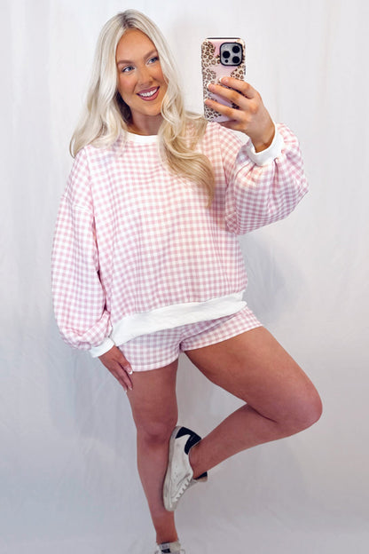 Pink Plaid Baggy Pullover Drawstring Casual Shorts 2pcs Outfit