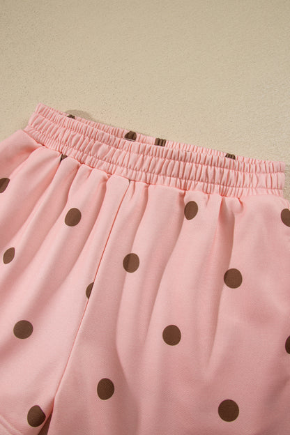 Brown Polka Dot Ribbed Trim Long Sleeve Top Casual Short Set