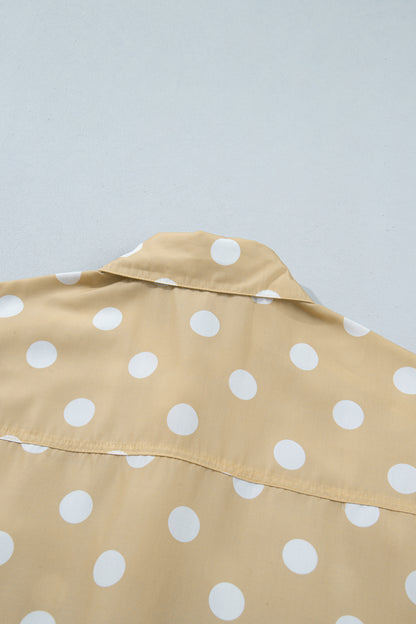 White Polka Dot Print Three Quarter Sleeve Ruffle Hem Casual Shirt