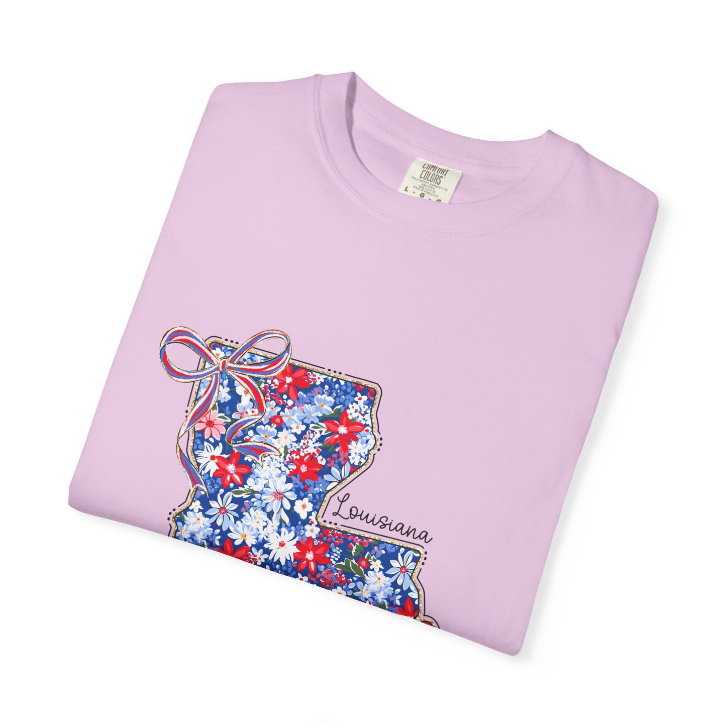 Louisiana Floral State Map T-Shirt — Red, White & Blue "Louisiana" Design