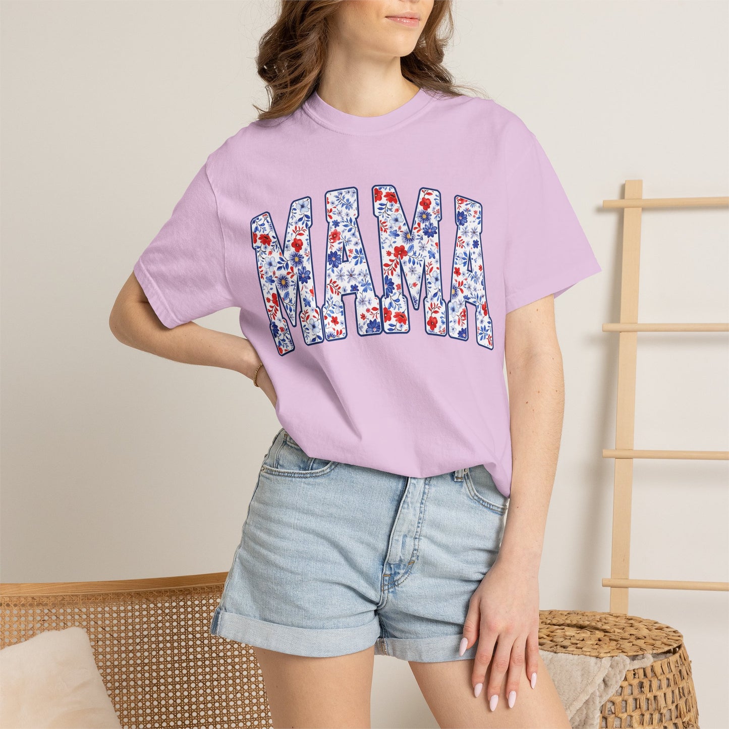 Mama in blue floral T-shirt