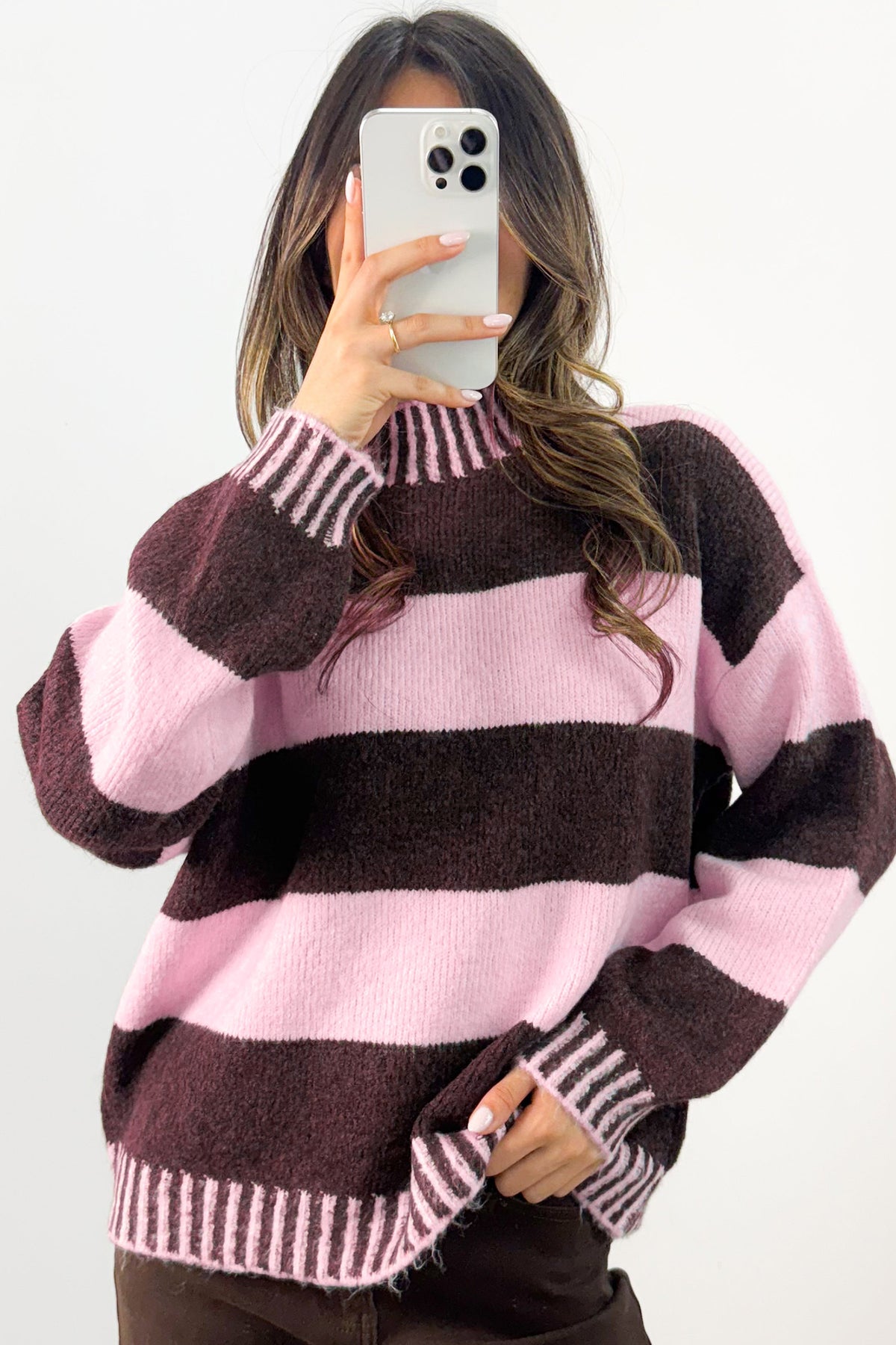 Sky Blue Stripe Contrast High Neck Dropped Shoulder Relaxed Pullover Sweater