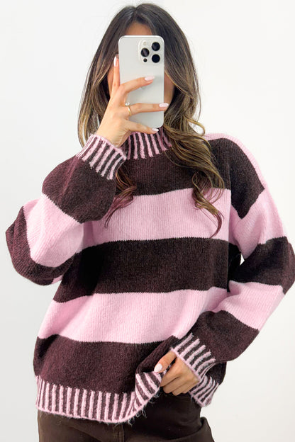Sky Blue Stripe Contrast High Neck Dropped Shoulder Relaxed Pullover Sweater